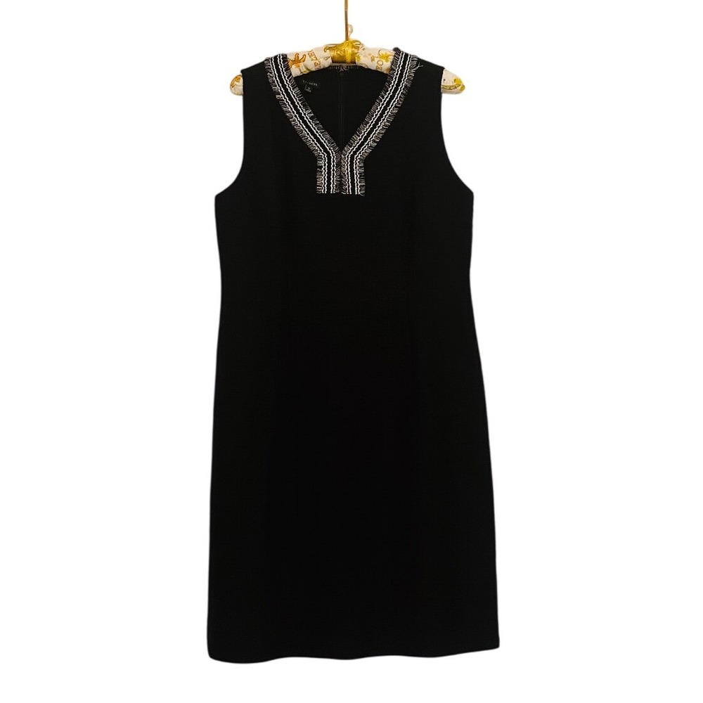 TALBOTS Black Sleeveless V-Neck Sheath Dress Embellished Neckline Sz 12 Career